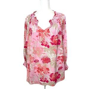 Talbots XL Shirt Top Pink Floral V Neck 3/4 Sleeve Ruffle Shirt Lightweight